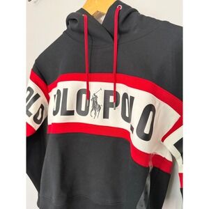 Polo Ralph Lauren Women Black Red White‎ Stripe Logo Hoodie Cropped Size S